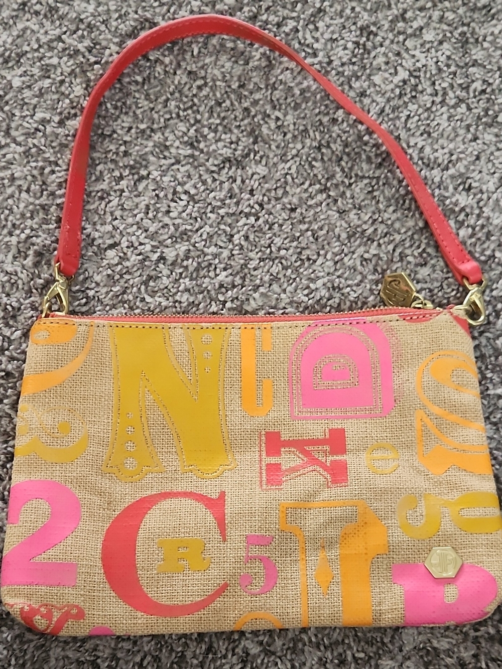 Jonathan Adler Natural Canvas Clutch with Pink and Orange Graphics